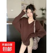 新年紅秋冬通勤慵懶風(fēng)大碼胖mm不規則毛衣女寬松針織衫法式蝙蝠袖 咖啡色 均碼