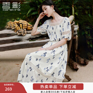 香影度假風(fēng)碎花方領(lǐng)連衣裙女2025夏季新款鏤空泡泡袖波西米亞裙子 鷺白 L 165/88A/110-125斤