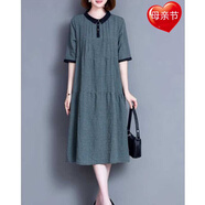 花花公子（PLAYBOY）媽媽夏裝時(shí)尚千鳥(niǎo)格短袖連衣裙寬松棉麻娃娃領(lǐng)襯衫裙 綠色 XL 【建議120-140斤】