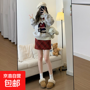 灰色格子半身裙女秋季2025新款高腰小個(gè)子a字修身包臀裙毛呢短裙 紅色大格 M