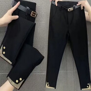 AEMAPE新款褲腳燙鉆時(shí)尚小腳褲春秋高腰顯瘦彈力修身九分小西褲休閑褲女 黑色 無(wú)腰帶 L 100-115斤