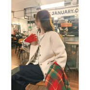 曾小咸曾小咸 韓系白杏色羊羔毛外套女秋冬季新款拼接格子棉衣保暖上衣 白杏色 S