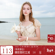 三彩2025夏季新款木耳邊荷葉袖蝴蝶印花雪紡連衣裙大擺長(cháng)裙M 杏色花卉 M 160/84A