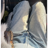 拉夏貝爾滿(mǎn)天星燙鉆爆閃闊腿牛仔褲女春秋季設計感高腰寬松直筒褲