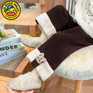 G.duck小黃鴨女童褲子加絨冬季新款兒童長(cháng)褲保暖闊腿褲休閑寶寶加厚棉褲 翻邊兔子條絨褲咖色 110 建議100-110cm4-5歲