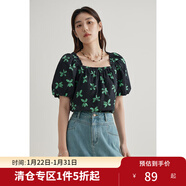 獨束大碼女裝簡(jiǎn)約法式通勤小衫夏裝新款一領(lǐng)兩穿微胖MM顯瘦上衣女 黑底綠花 L (尺碼：2)