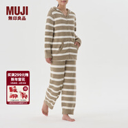 MUJI女式 發(fā)熱毛毛紗家居連帽開(kāi)衫 女士睡衣上衣單件家居服秋冬季保暖 棕色條紋 S-M (160/84A)