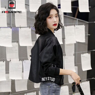AEMAPE不裂皮韓版短款皮衣外套女印花水洗PU皮寬松矮個(gè)子時(shí)尚機車(chē)棒球服 黑色不加棉 (不裂皮) M 建議95-105斤