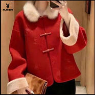 花花公子（PLAYBOY）春款感新中式國風(fēng)短外套保暖帶毛領(lǐng)寬松斗篷毛呢唐裝百搭上衣 官方旗艦紅色 M 建議【90-110斤】