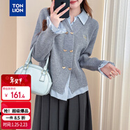 唐獅（TonLion）2025秋冬梭織拼接翻領(lǐng)雙排扣假兩件女士開(kāi)衫毛衣
