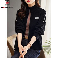 AEMAPE外套女士春秋小個(gè)子時(shí)尚寬松新款立領(lǐng)棒球服復古拉鏈開(kāi)衫上衣短款 黑色 常規 L