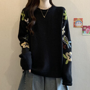 小紅書(shū)爆款韓版重工花朵刺繡套頭針織衫毛衣女秋冬大碼顯瘦 黑色(版)【法式覆古/休閑韓版/俏皮減齡】 M 建議80-100斤