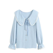 AEMAPE大碼蕾絲娃娃領(lǐng)藍色上衣襯衫女2026春秋微胖上衣減齡獨特漂亮襯衣 藍色 XL (建議120-130斤)