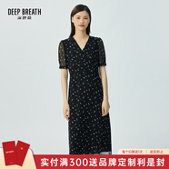 深呼吸DEEP BREATH女裝V領(lǐng)中長(cháng)高腰泡泡袖收腰碎花連衣裙A500197 黑-白花 S (2)