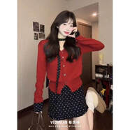 俏博萊波點(diǎn)V領(lǐng)針織衫女款新年覆古紅色毛衣高腰包臀裙韓系搭配一整套裝 上衣 S