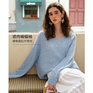 Olrain歐芮兒氣質(zhì)一字領(lǐng)上衣女春季新款蝙蝠袖毛衣針織套頭衫 藍色 L