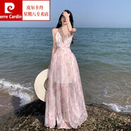 皮爾卡丹（pierre cardin）長(cháng)裙度假海邊女沙灘裙氣質(zhì)仙仙裙吊帶露背收腰連衣裙拖地超長(cháng)款 粉紅色 S