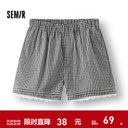 森馬休閑褲女寬松松緊腰氣質(zhì)溫柔2025新款夏季甜美風(fēng)蕾絲花邊短褲 白黑色調00419 XL