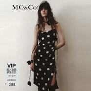 MO&Co.連衣裙含桑蠶絲復古波點(diǎn)解構吊帶蕩領(lǐng)捏褶高腰開(kāi)叉斜裁摩安珂 黑白波點(diǎn)色 L 170