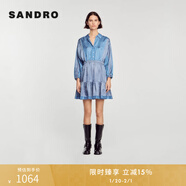 SANDRO秋冬女裝法式簡(jiǎn)約藍色荷葉邊印花圖案收腰連衣裙 47/藍色 L