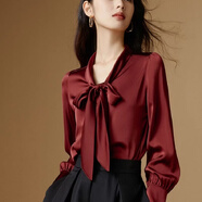 ONEBUYE晚白紅色襯秋季新款高端緞面蝴蝶結飄帶通勤襯衫女別致 暗紅色 S