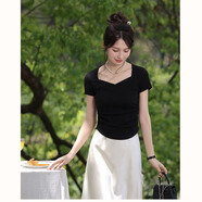 鹿向南杏色法式半身裙女秋冬緞面半裙氣質(zhì)拼接蕾絲裙子 黑色 T恤 L