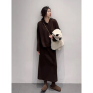 秋冬ootd穿搭一整套韓系松弛感毛毛馬甲外套針織上衣半身裙套裝女 咖色上衣+半身裙[兩件套] L [建議100-115斤]