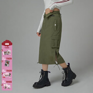 CHUU高腰工裝半身裙女士秋冬季新款多口袋a字開(kāi)叉中長(cháng)裙子 軍綠 S