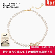 She's茜子蝴蝶結吊墜珍珠項鏈頸鏈精致輕奢小眾時(shí)尚鎖骨鏈新年禮物女 金色K2