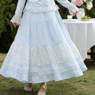 森女部落甜美風(fēng)露肩長(cháng)袖T恤女2026新款蕾絲拼接設計感百搭上衣春 藍色半身裙 單件 S 模特碼