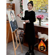 敲言韓版時(shí)尚百搭連衣裙簡(jiǎn)約氣質(zhì)休閑加絨加厚裙子 黑色(加絨保暖) L 105-120斤
