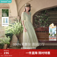 茵曼（INMAN）法式薄荷曼波連衣裙2024夏女裝新品V領(lǐng)燈籠袖抽繩 水沫綠 XL