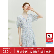 范思藍恩23FS12521茶歇法式雪紡碎花連衣裙女夏V領(lǐng)海邊度假長(cháng)裙子 白底紫花 M
