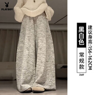 花花公子（PLAYBOY）黑白加絨小香風(fēng)褲子女款秋冬寬松高腰垂感休閑褲小個(gè)子慵懶闊腿褲 官方旗艦氣質(zhì)-黑白人字紋闊腿褲 常規 M 建議體重96-110斤