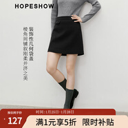 紅袖（hopeshow）通勤顯瘦半身裙2025冬季新款女裝幾何袋蓋拼接側拉鏈A字磨毛短裙 黑3050 XL