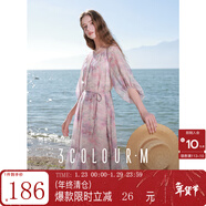 三彩2025秋款碎花雪紡連衣裙圓領(lǐng)七分袖長(cháng)裙寬松度假浪漫M 煙粉色花卉 M 160/84A