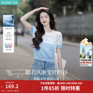 茵曼丁達爾漸變色圓領(lǐng)針織衫短袖T恤女裝2026年夏季新款上衣 藍白條 XL