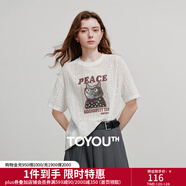 初語(yǔ)圓領(lǐng)寬松鏤空蕾絲衫女2025夏季新款貓咪印花休閑減齡上衣T恤 白色 S