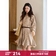 謎秀新年腰果花連衣裙女2025秋裝新款韓版復古收腰不規則下擺中長(cháng)款裙 卡其色 L
