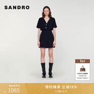 SANDRO秋冬女裝法式氣質(zhì)黑色V領(lǐng)高腰花呢收腰假兩件短款連衣裙 黑色 S