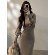 衫槿空冬季法式半高領(lǐng)燈籠袖褶皺連衣裙氣質(zhì)修身顯瘦加絨加厚包臀長(cháng)裙女 咖色【高個(gè)子】 S