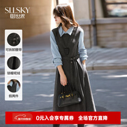 熙世界（sllsky）「格雷腔調」假兩件毛呢連衣裙秋冬新款襯衫翻領(lǐng)收腰裙子 貴族灰 配腰帶 L