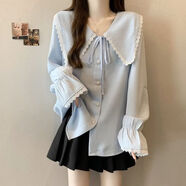 AEMAPE大碼蕾絲娃娃領(lǐng)藍色上衣襯衫女2026春秋微胖上衣減齡獨特漂亮襯衣 淺藍色 L (建議110-120斤)