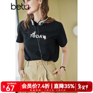 betu百圖女裝春裝新款寬松韓版卡通印花短袖T恤ins潮JD2102T08 黑色 L