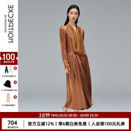 例外（EXCEPTION）新中式女裝春秋優(yōu)雅通勤桑蠶絲氣質(zhì)中長(cháng)裙A字型拼接連衣裙 深橙/29 M