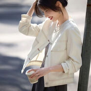 AEMAPE牛仔外套女短款2026春季新款寬松復古圓領(lǐng)明線(xiàn)小個(gè)子夾克休閑上衣 米白色 M