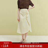 范思藍恩23FS12132荷葉邊抽褶半身裙通勤純色中長(cháng)款下開(kāi)叉半裙女 米色 S