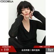 COCOBELLA兩穿領(lǐng)型滿(mǎn)天星亮片針織衫時(shí)尚V領(lǐng)打底衫女上衣T恤TS642 黑色 M