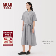 MUJI女式 涼感 短袖襯衫連衣裙女裝裙子純棉25年夏季長(cháng)裙 灰色條紋 L (165/88A)
