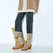 木果果木2026春季新款復古做舊高腰直筒褲寬松撞色翻邊牛仔長(cháng)褲女 復古藍 26